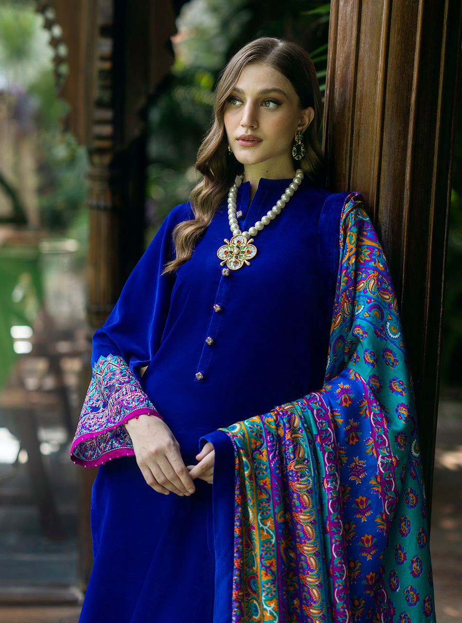 Pakistani Sapphire Blue Embroidered Velvet Salwar Kameez (3-Piece) - Image 4