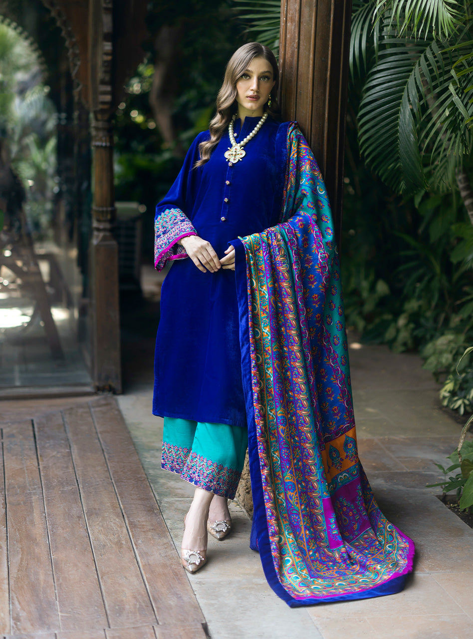 Pakistani Sapphire Blue Embroidered Velvet Salwar Kameez (3-Piece) - Image 6