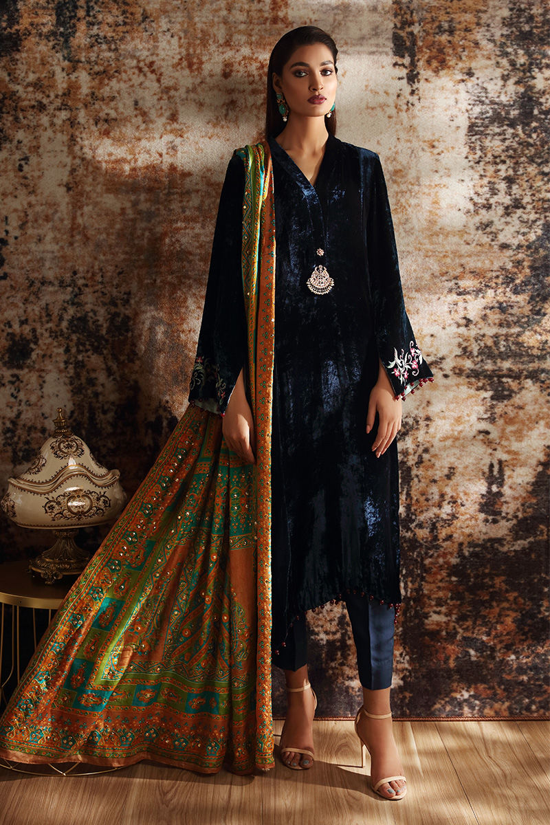 Pakistani Deep Blue Embroidered Velvet A-Line Shirt (3-Piece) - Image 1