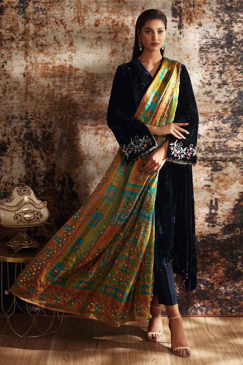 Pakistani Deep Blue Embroidered Velvet A-Line Shirt (3-Piece) - Image 2