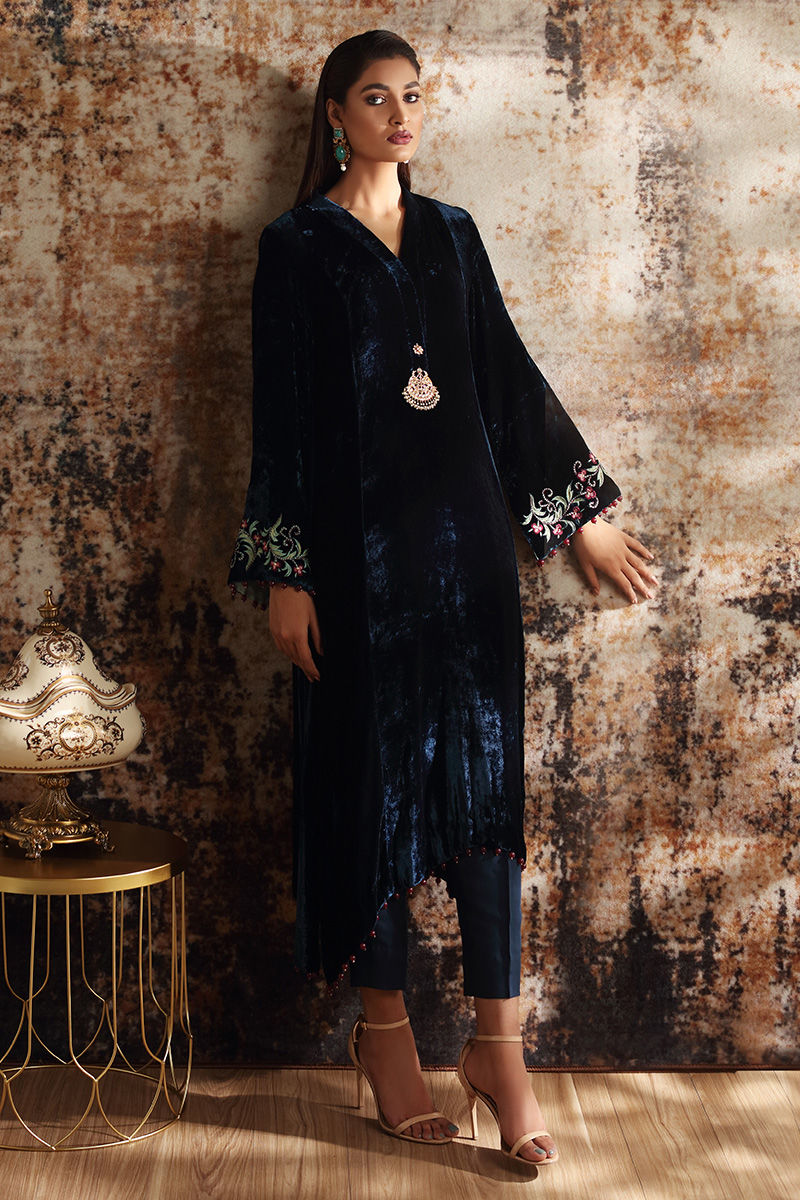 Pakistani Deep Blue Embroidered Velvet A-Line Shirt (3-Piece) - Image 3