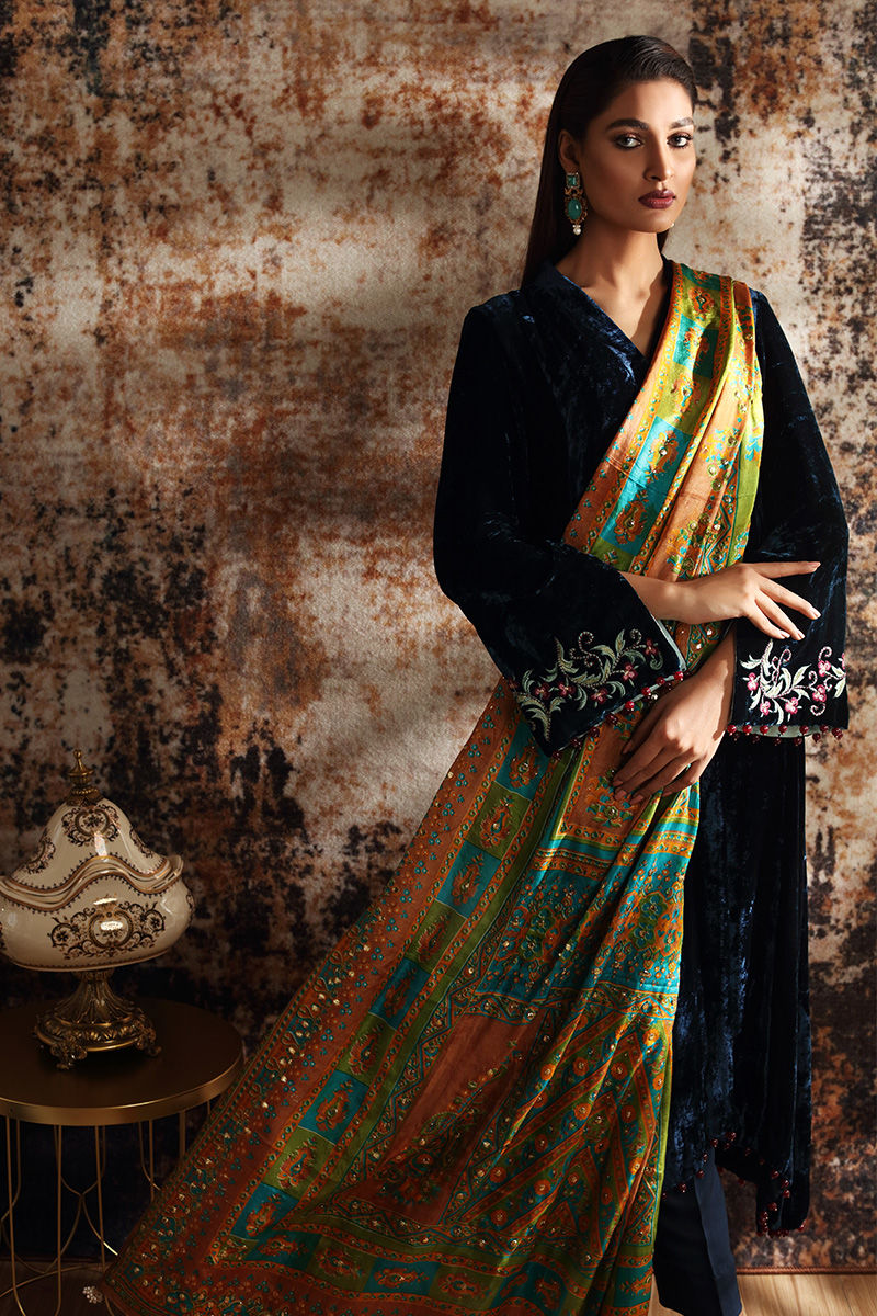 Pakistani Deep Blue Embroidered Velvet A-Line Shirt (3-Piece) - Image 4