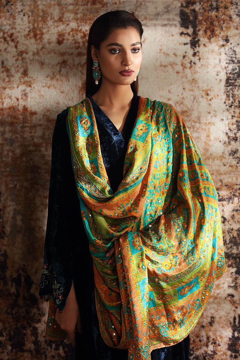 Pakistani Deep Blue Embroidered Velvet A-Line Shirt (3-Piece) - Image 5