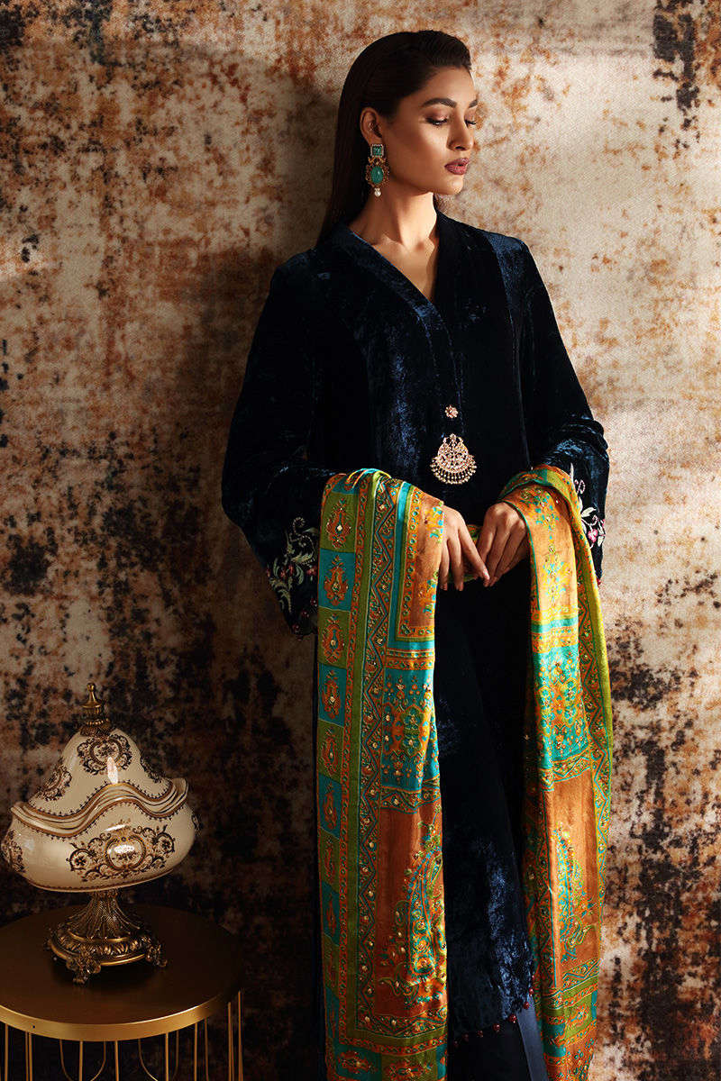 Pakistani Deep Blue Embroidered Velvet A-Line Shirt (3-Piece) - Image 6