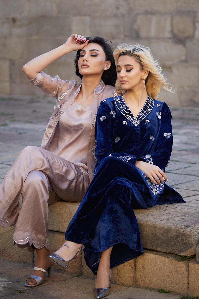 Pakistani Royal Blue Embroidered Velvet & Raw Silk Jacket Pants (2-Piece) - Image 4