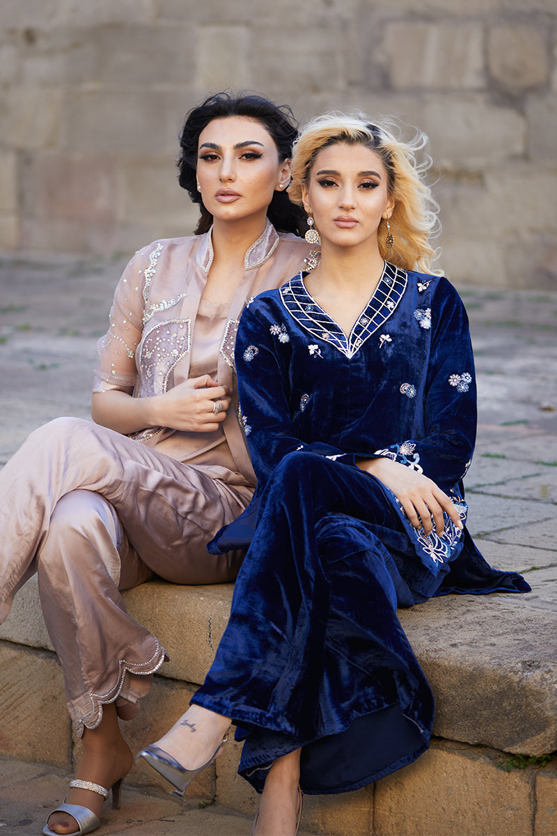 Pakistani Royal Blue Embroidered Velvet & Raw Silk Jacket Pants (2-Piece) - Image 5