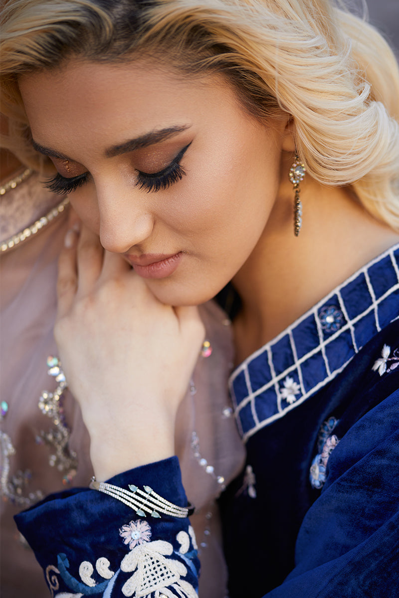 Pakistani Royal Blue Embroidered Velvet & Raw Silk Jacket Pants (2-Piece) - Image 6