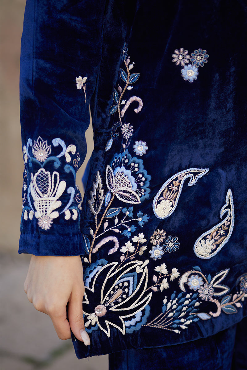 Pakistani Royal Blue Embroidered Velvet & Raw Silk Jacket Pants (2-Piece) - Image 9