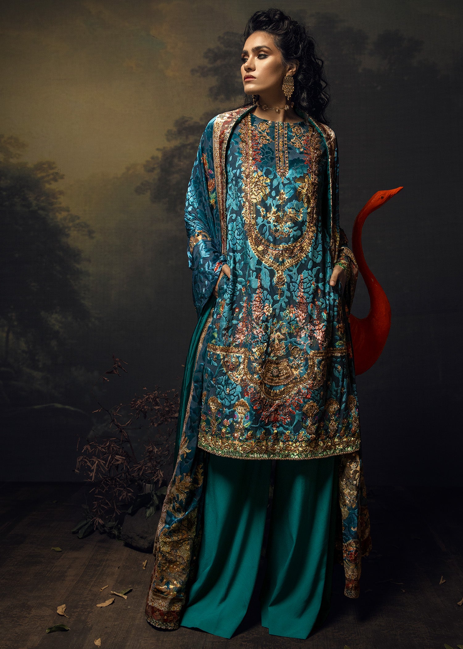 Ocean Blue Zardozi Velvet Salwar Kameez (3-Piece) - Image 2