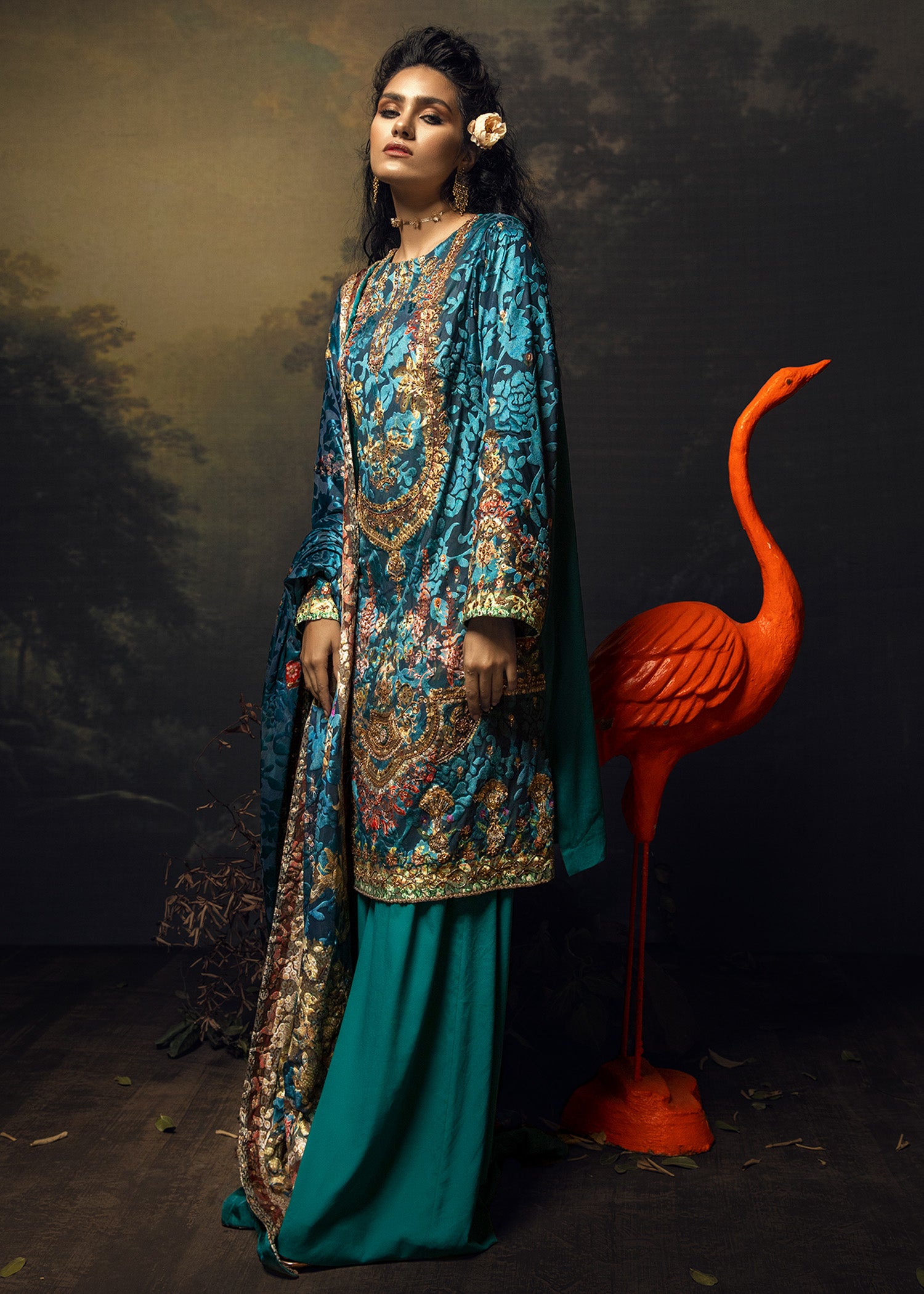 Ocean Blue Zardozi Velvet Salwar Kameez (3-Piece) - Image 3