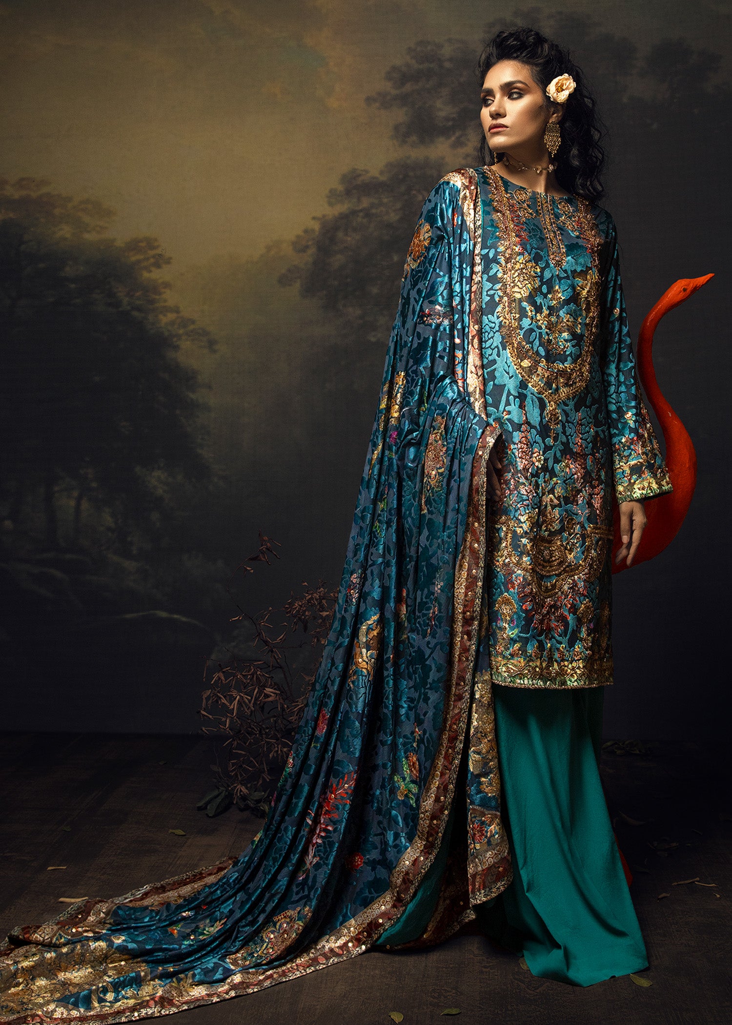 Ocean Blue Zardozi Velvet Salwar Kameez (3-Piece) - Image 4