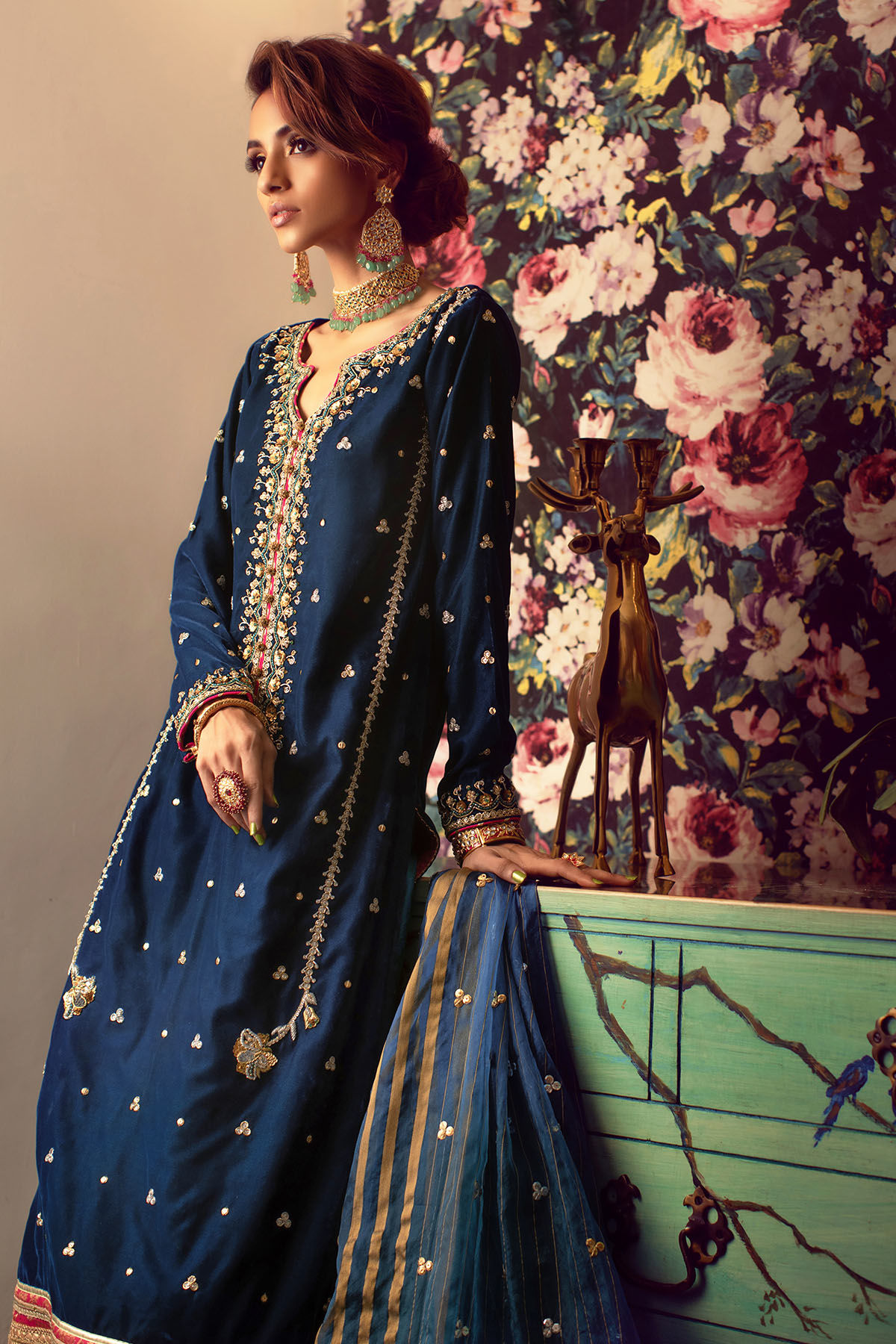 Deep Blue Zardozi Velvet Salwar Kameez (3-Piece) - Image 3