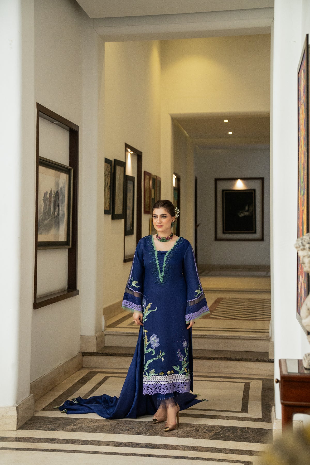 Dark Blue Embroidered Viscose Silk Salwar Kameez (3-Piece) - Image 1