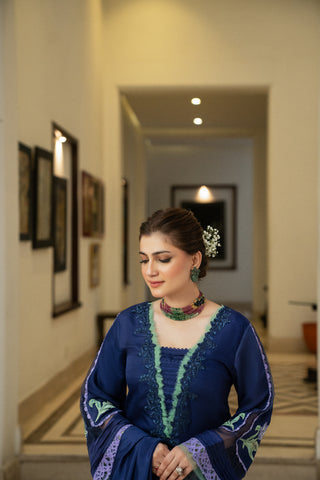 Dark Blue Embroidered Viscose Silk Salwar Kameez (3-Piece) - Image 3