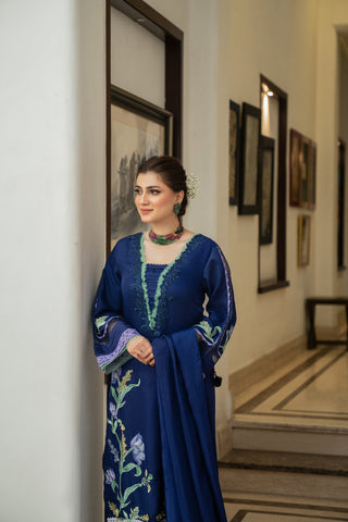 Dark Blue Embroidered Viscose Silk Salwar Kameez (3-Piece) - Image 4