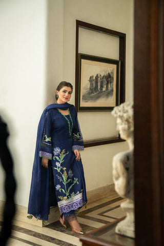 Dark Blue Embroidered Viscose Silk Salwar Kameez (3-Piece) - Image 5