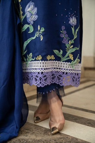 Dark Blue Embroidered Viscose Silk Salwar Kameez (3-Piece) - Image 6