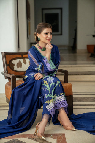 Dark Blue Embroidered Viscose Silk Salwar Kameez (3-Piece) - Image 7