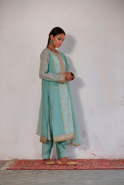Soft Blue Marori & Gota Zaree Cotton Salwar Kameez (3-Piece) - Image 1