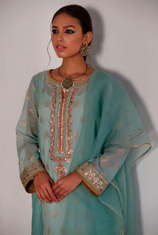 Soft Blue Marori & Gota Zaree Cotton Salwar Kameez (3-Piece) - Image 2