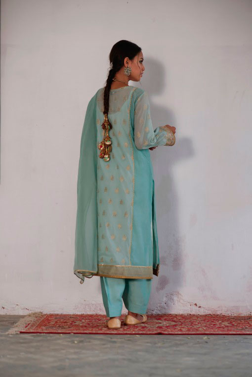 Soft Blue Marori & Gota Zaree Cotton Salwar Kameez (3-Piece) - Image 3