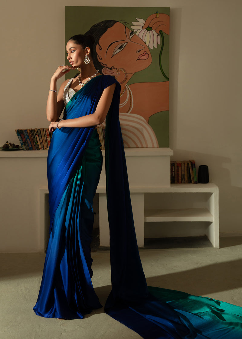 Peacock Dip-Dyed Charmeuse Silk Saree (2-Piece) - Image 1