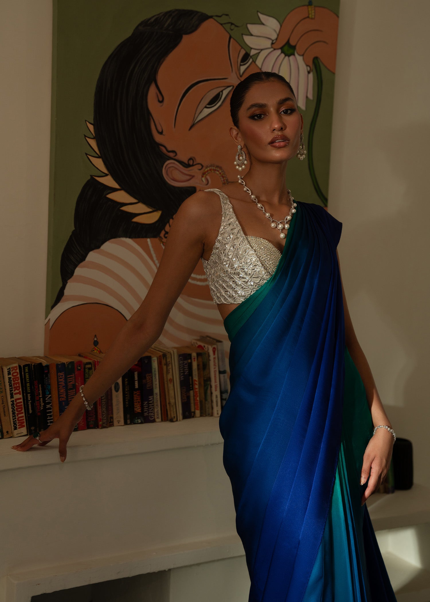 Peacock Dip-Dyed Charmeuse Silk Saree (2-Piece) - Image 4