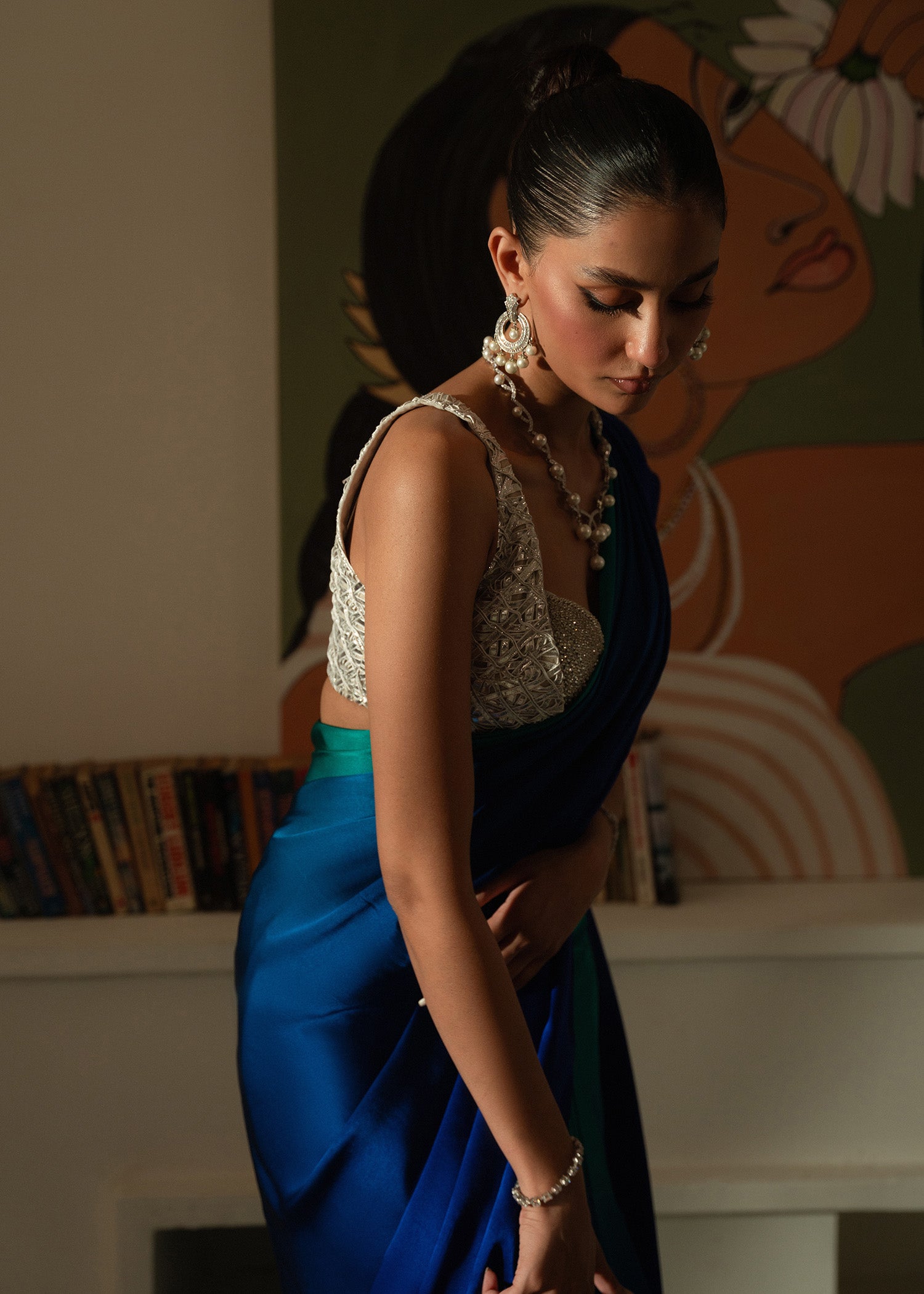 Peacock Dip-Dyed Charmeuse Silk Saree (2-Piece) - Image 5