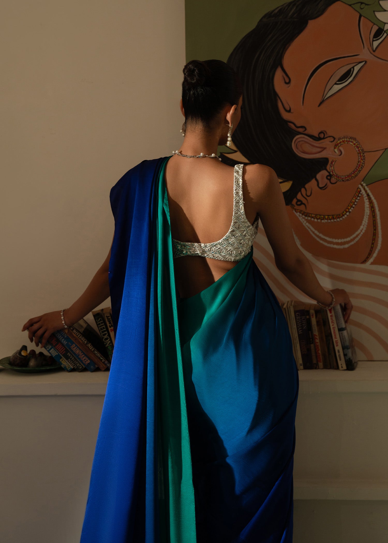 Peacock Dip-Dyed Charmeuse Silk Saree (2-Piece) - Image 6