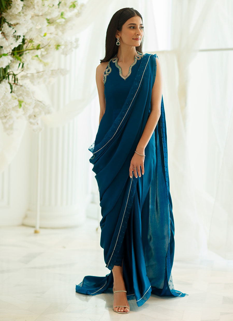 Aztec Blue Embroidered Charmeuse Silk Saree Pants (3-Piece) - Image 1