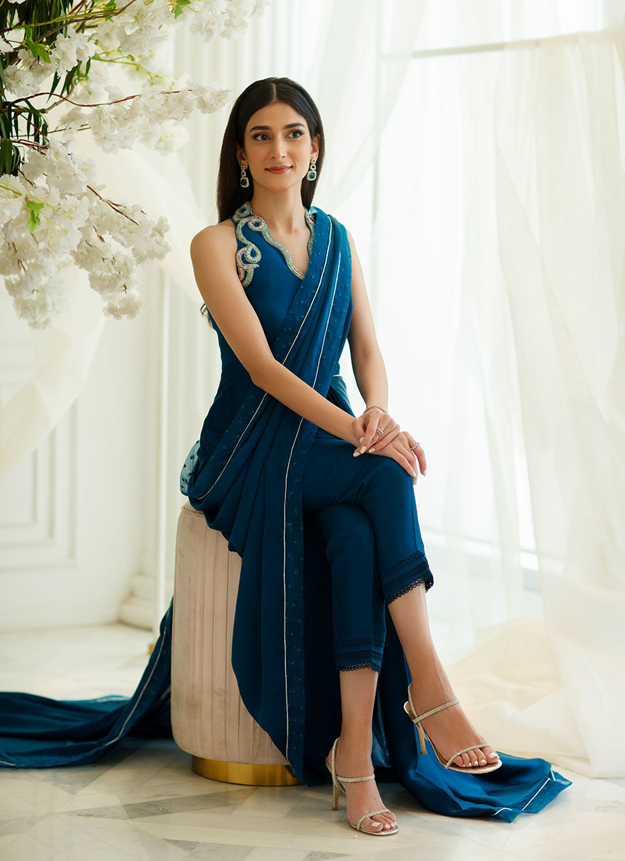 Aztec Blue Embroidered Charmeuse Silk Saree Pants (3-Piece) - Image 3