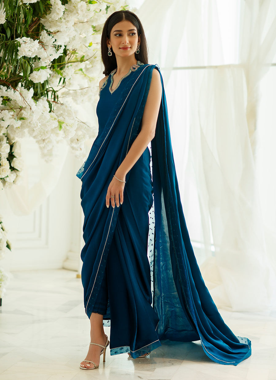 Aztec Blue Embroidered Charmeuse Silk Saree Pants (3-Piece) - Image 4