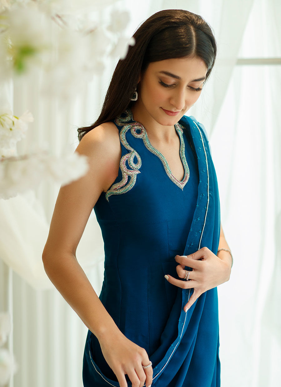 Aztec Blue Embroidered Charmeuse Silk Saree Pants (3-Piece) - Image 5