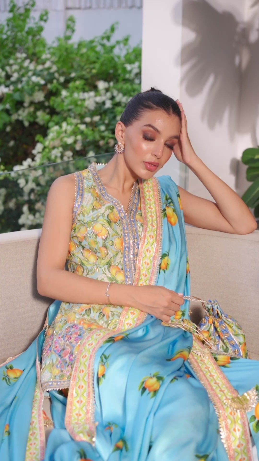 Pakistani Sky Blue Embroidered Khaddi Silk Pre-Draped Sari (2-Piece) - Image 13