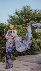 Pakistani Aqua Blue Embroidered Organza Saree (3-Piece) - Image 1