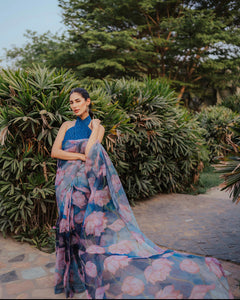 Pakistani Aqua Blue Embroidered Organza Saree (3-Piece) - Image 2