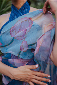 Pakistani Aqua Blue Embroidered Organza Saree (3-Piece) - Image 4