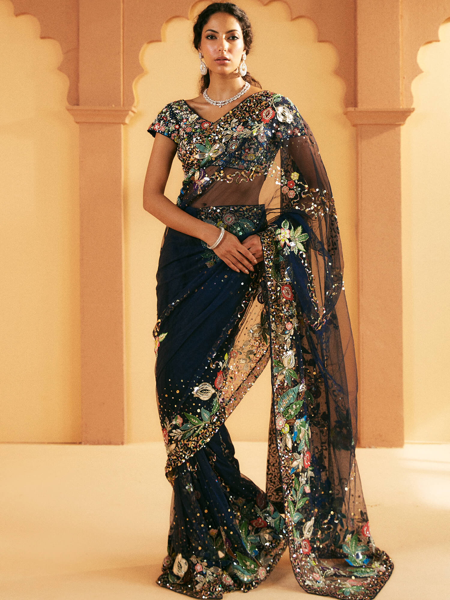 Pakistani Midnight Blue Embroidered Raw Silk & Net Saree (2-Piece) - Image 1