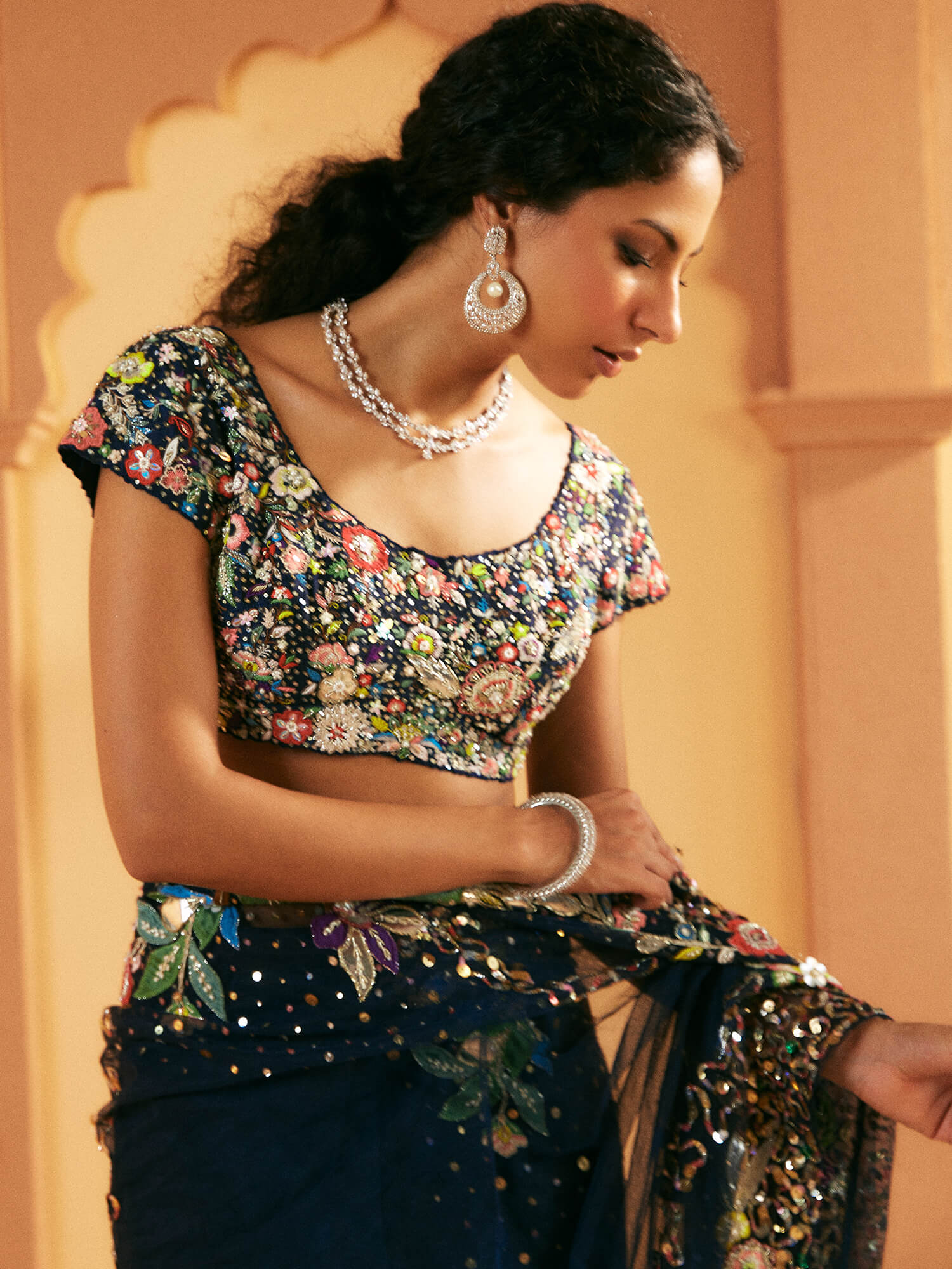 Pakistani Midnight Blue Embroidered Raw Silk & Net Saree (2-Piece) - Image 2