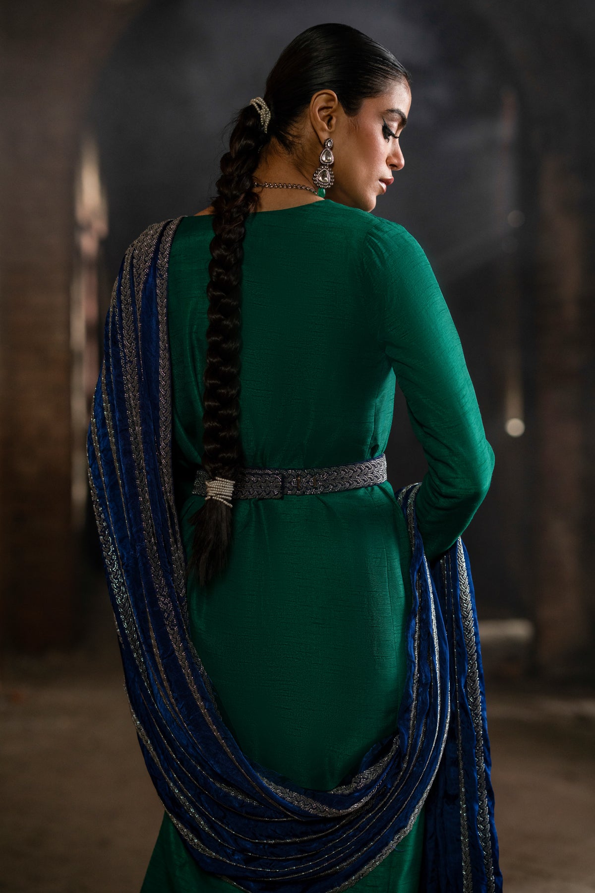 Emerald & Sapphire Embroidered Silk Saree (3-Piece) - Image 10