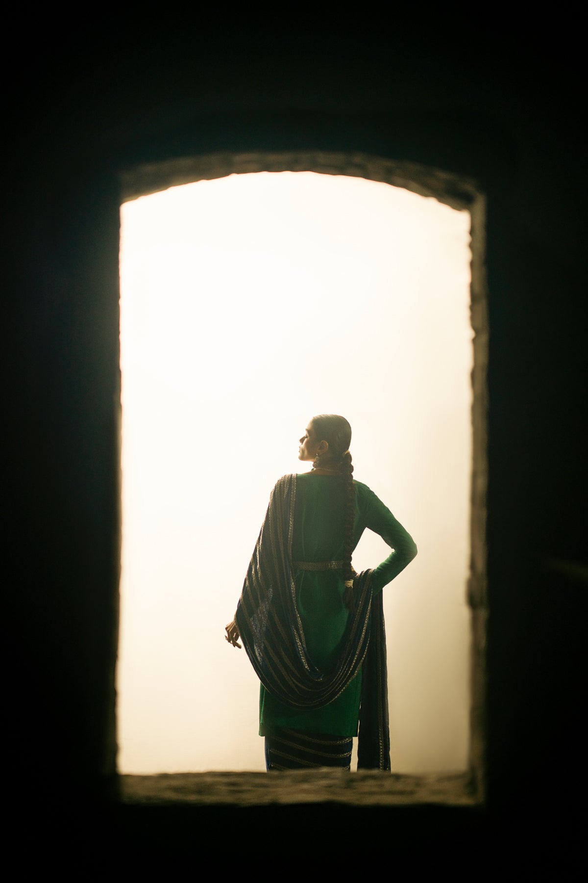 Emerald & Sapphire Embroidered Silk Saree (3-Piece) - Image 11