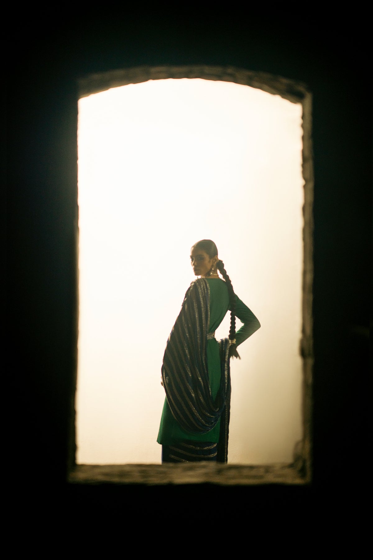 Emerald & Sapphire Embroidered Silk Saree (3-Piece) - Image 12