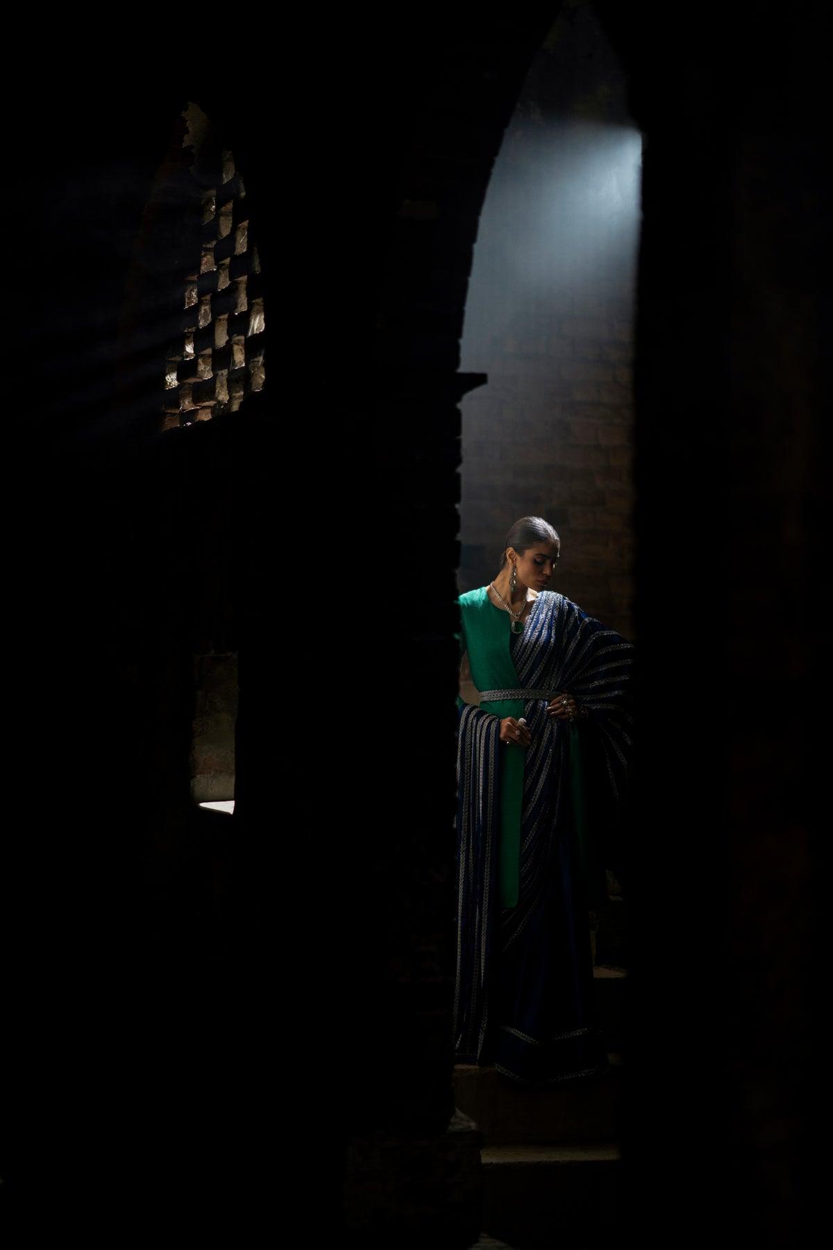 Emerald & Sapphire Embroidered Silk Saree (3-Piece) - Image 13