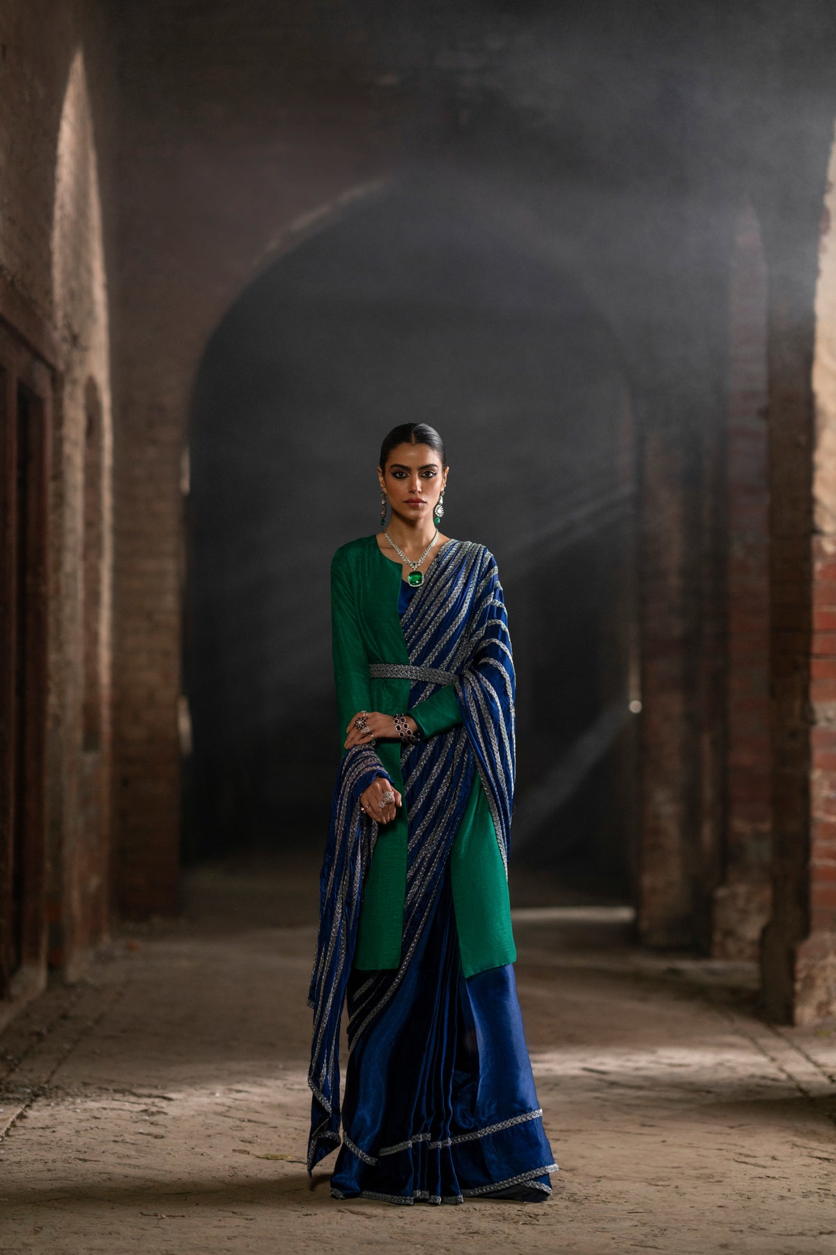 Emerald & Sapphire Embroidered Silk Saree (3-Piece) - Image 15