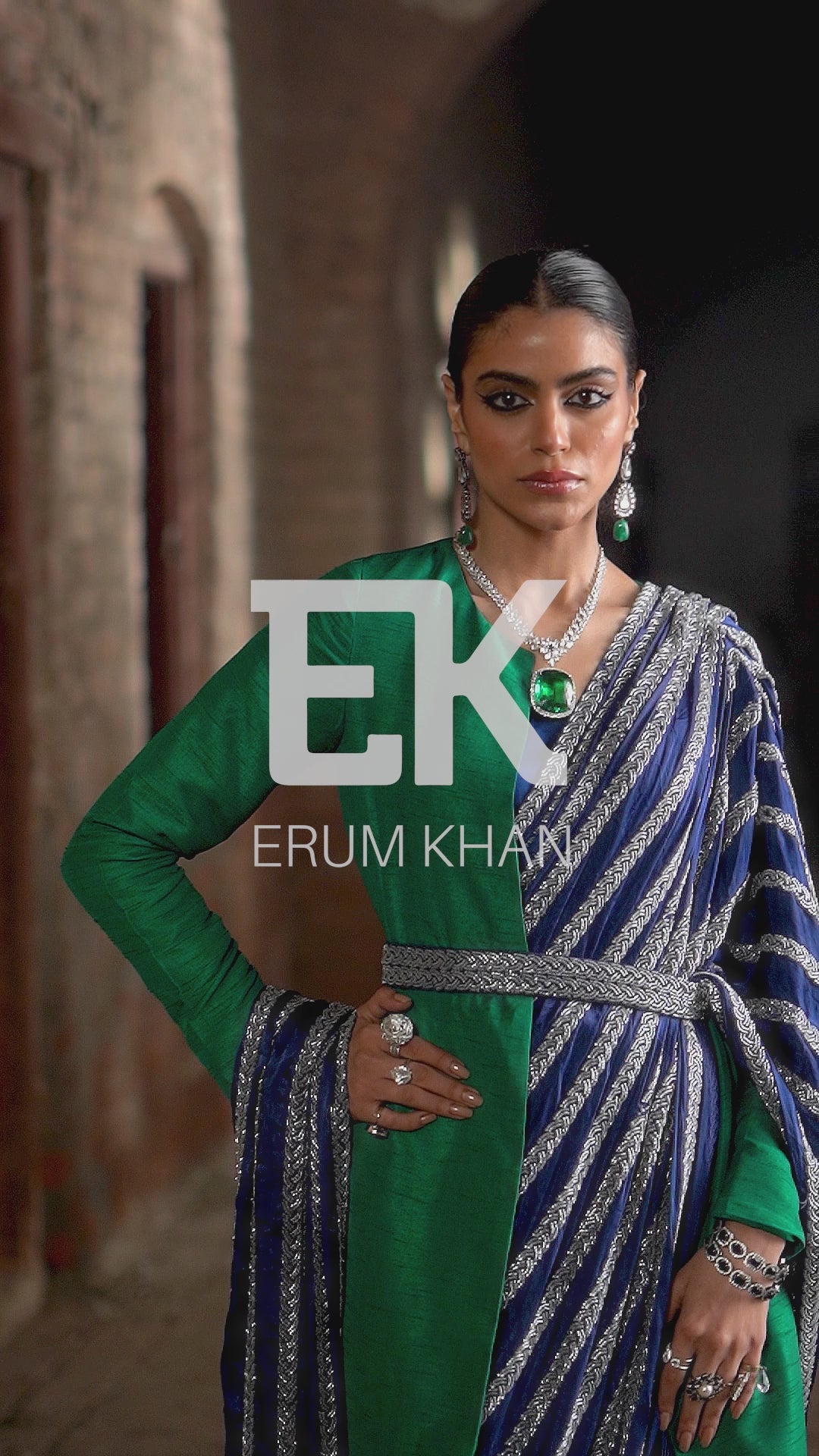 Emerald & Sapphire Embroidered Silk Saree (3-Piece) - Image 16