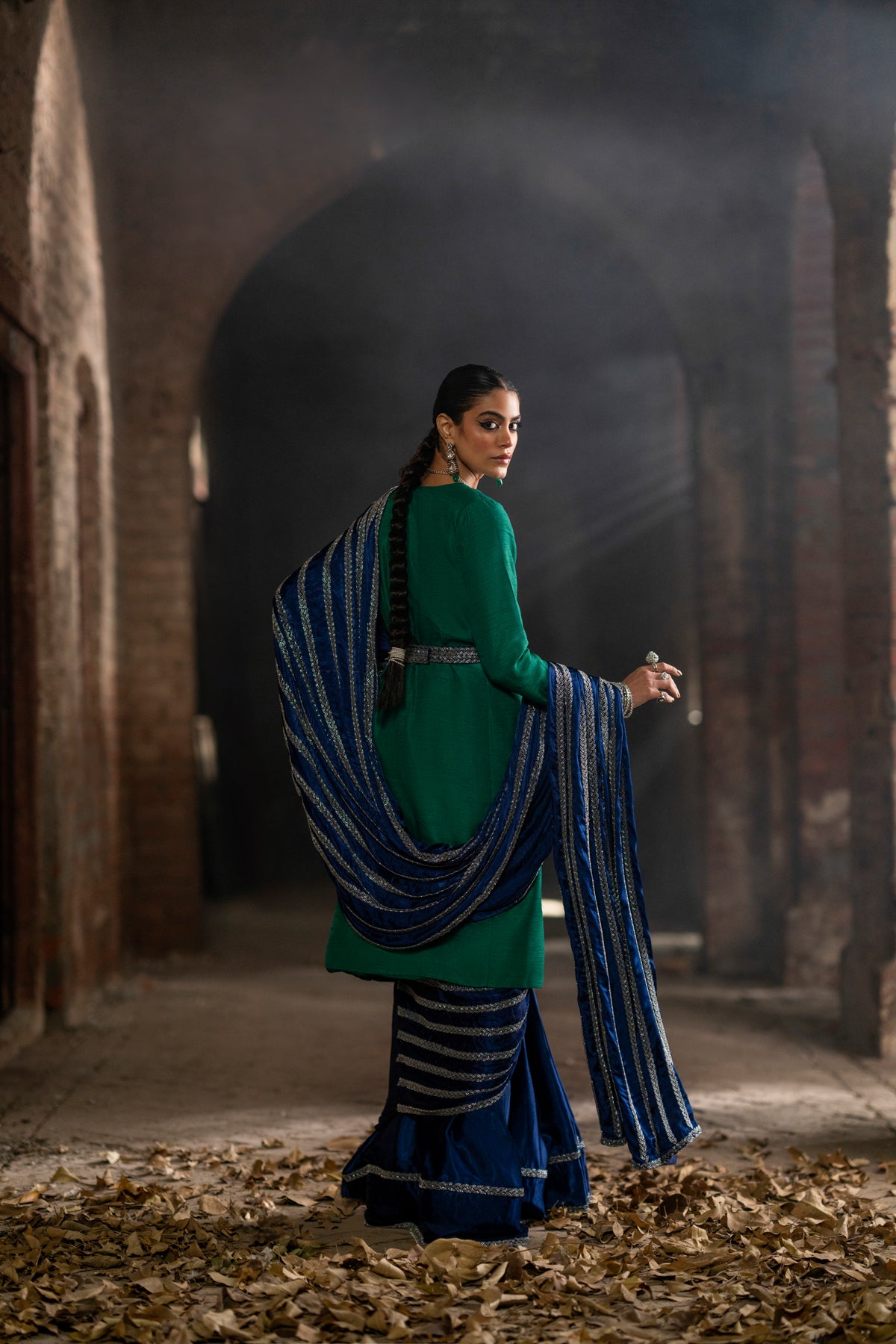 Emerald & Sapphire Embroidered Silk Saree (3-Piece) - Image 2