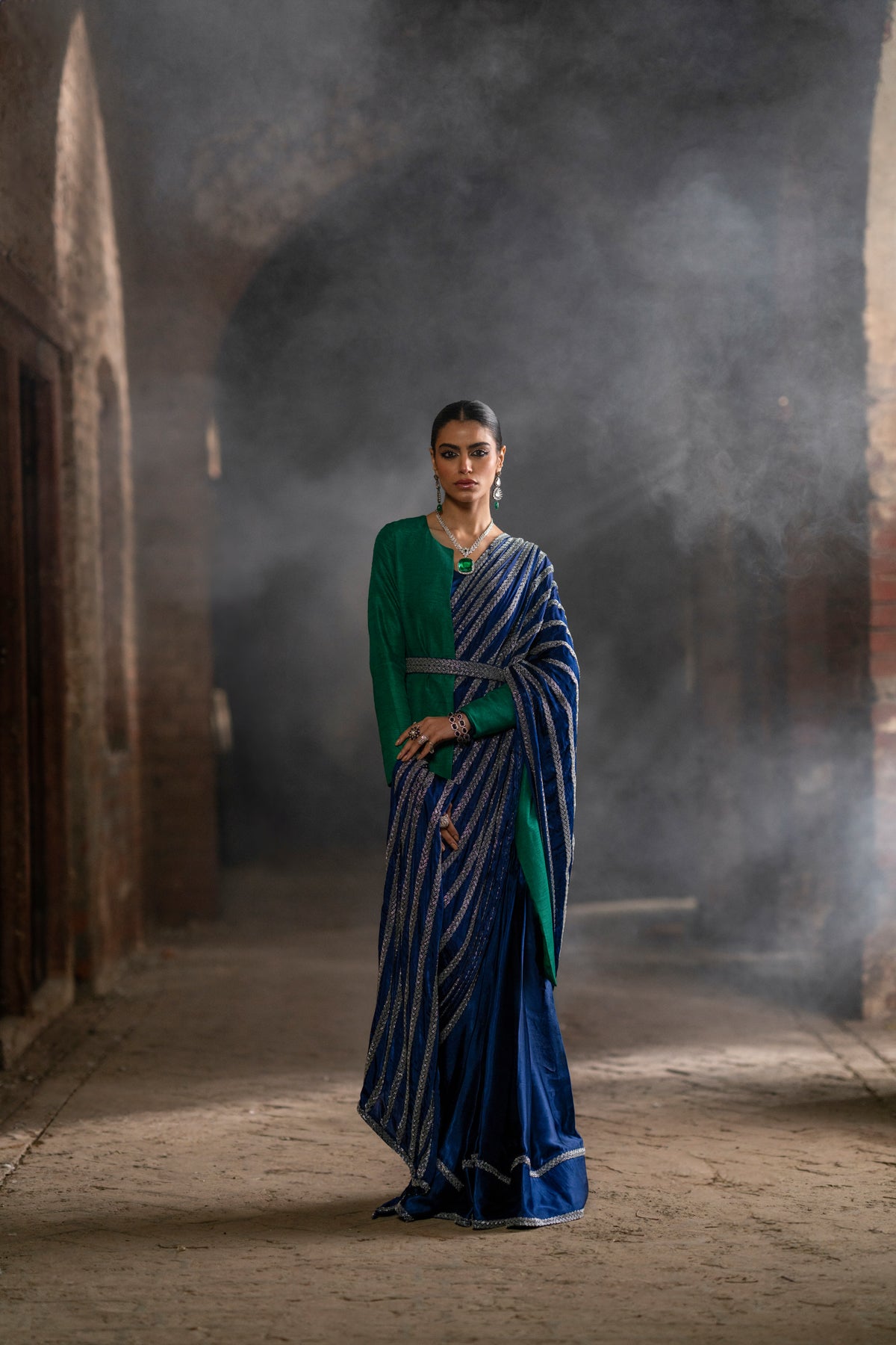 Emerald & Sapphire Embroidered Silk Saree (3-Piece) - Image 3