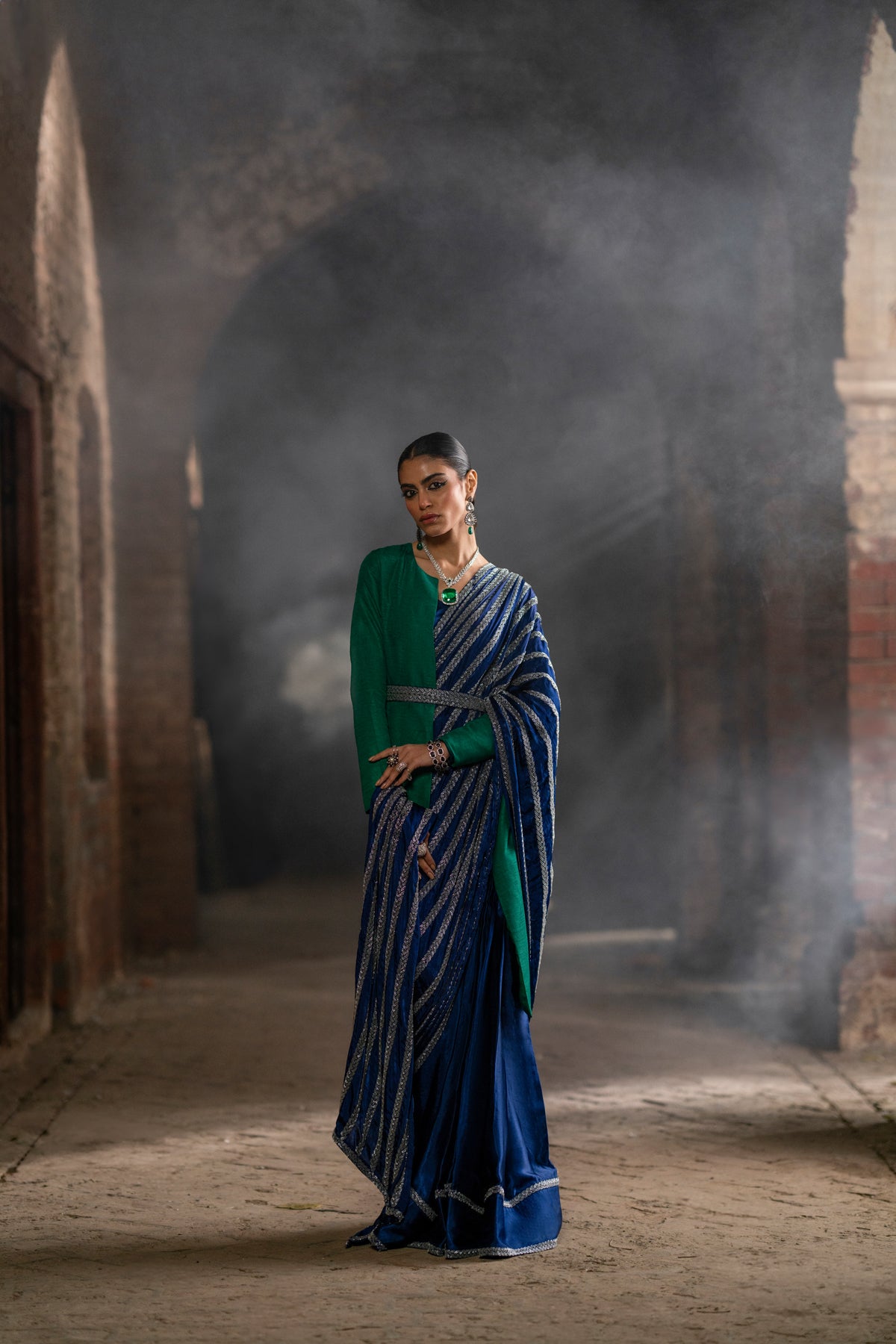 Emerald & Sapphire Embroidered Silk Saree (3-Piece) - Image 4