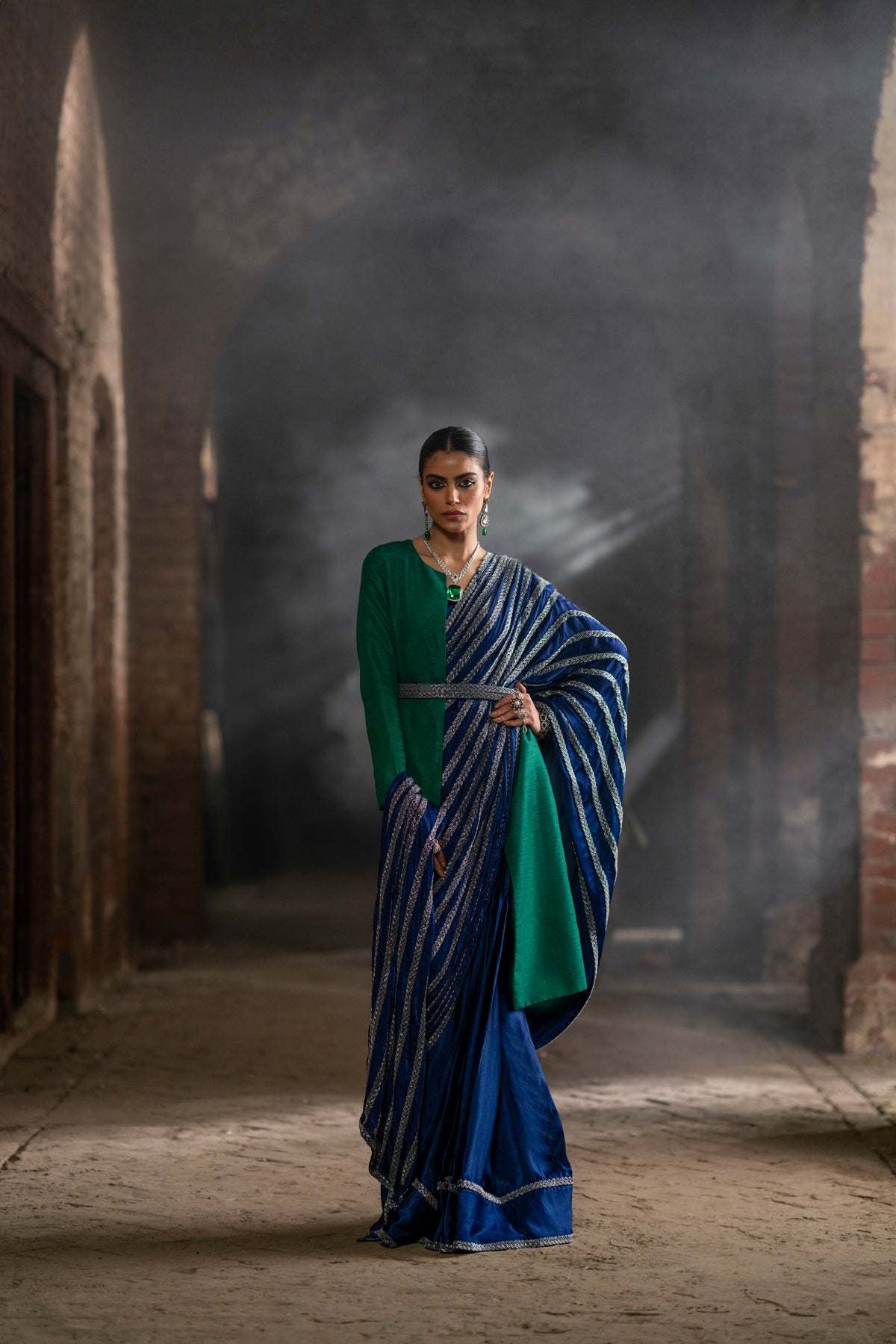 Emerald & Sapphire Embroidered Silk Saree (3-Piece) - Image 5