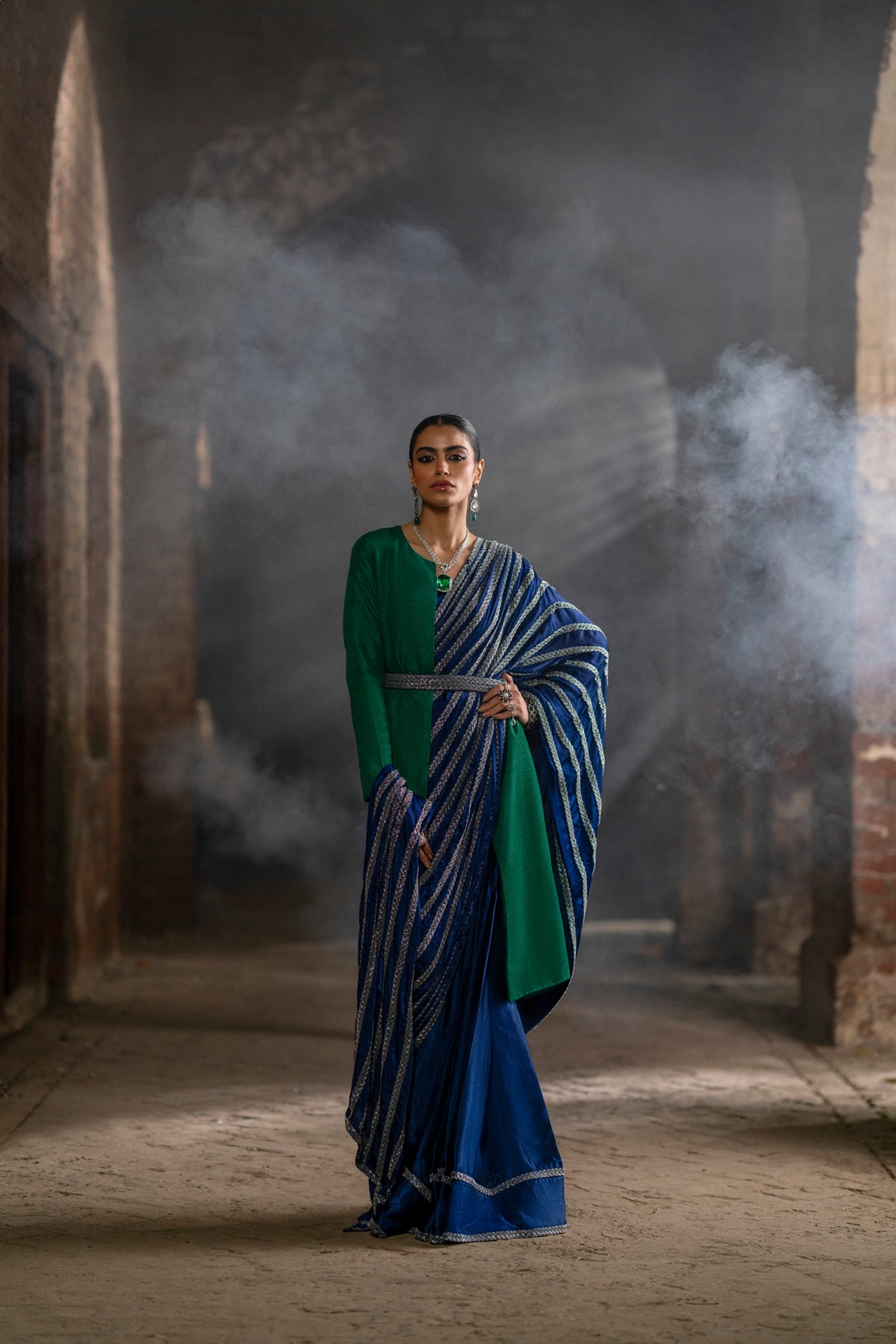 Emerald & Sapphire Embroidered Silk Saree (3-Piece) - Image 6